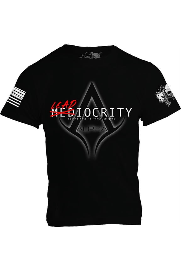 Leadiocrity / Alpha Symbol on Short Sleeve Crew-Neck T-Shirt, Solid Color with Logo & Signature US Flag Emblem Large Black