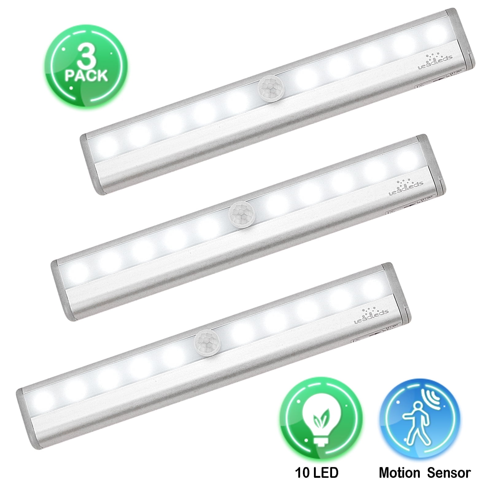 Leadleds 10-LED Under-Cabinet Motion Sensor Light, Stick-on Anywhere Wireless Battery Operated Safe Lights For Closet Cabinet Wardrobe Stair（3 Pack）