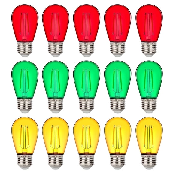 15 Pack Colored S14 LED String Light Bulbs, Shatterproof 2W Replacement Bulbs for Party Lights, 2700K Warm White, Non-Dimmable, E26 Base, Multi-Color: Red/Green/Yellow