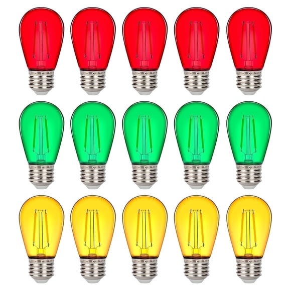 15 Pack LED S14 Colored Light Bulbs for Outdoor String Lights, Shatterproof 2W Replacement Bulbs for Party Lights, 2700K Warm White, Non-Dimmable, E26 Base, Multi-Color: Red/Green/Yellow