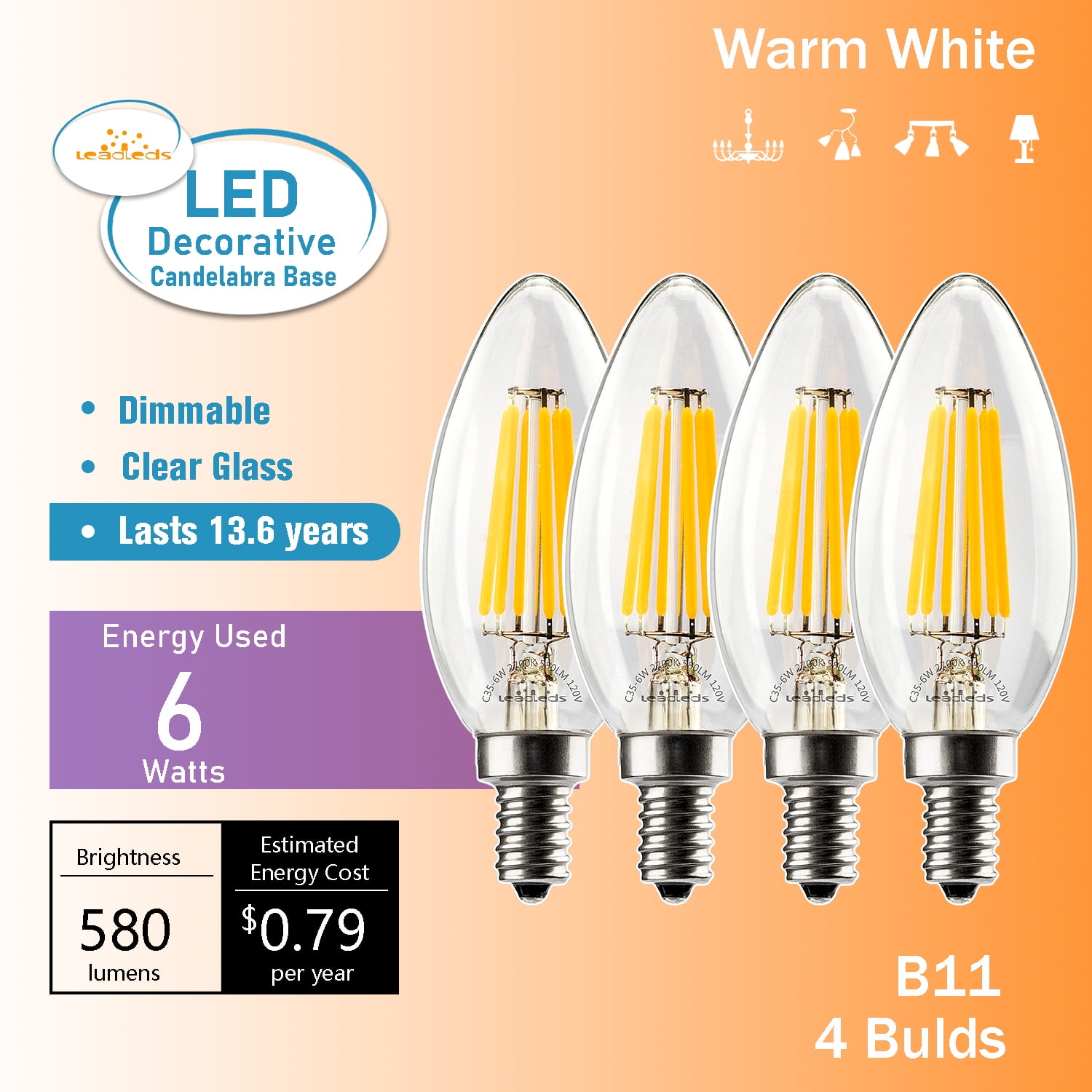 Leadleds 6W Chandelier LED Light Bulbs 60 Watt Equivalent, E12 Mini