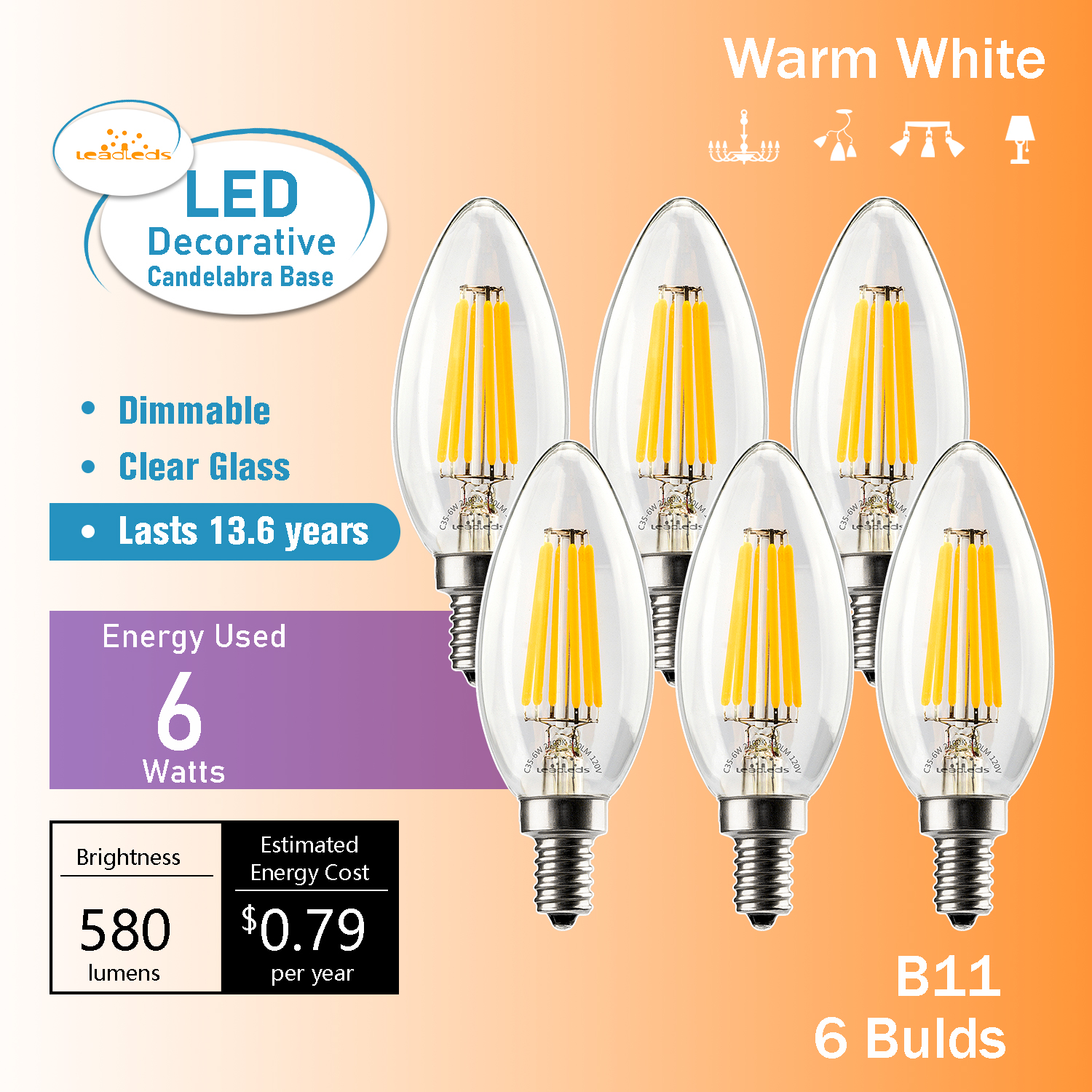 Great Value LED Ceiling Fan Bulb, 7Watt (60W Equivalent) A15 with E26
