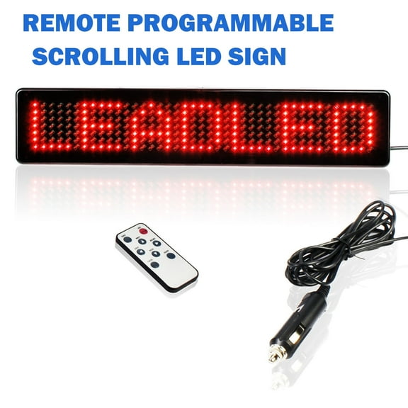 Leadleds DC 12V LED Car Sign Remote Control Scrolling Message Multi-Language Text Display Board for Business, Coffee, Bar (Red)