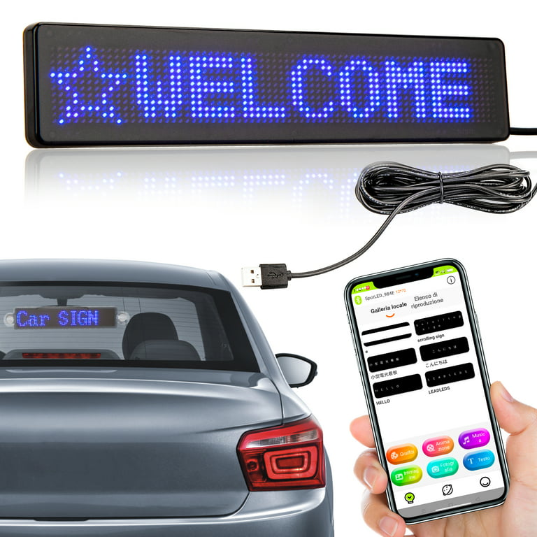 Leadleds DC 5V LED Sign Bluetooth Control Smartphone Programmable Scrolling  Message Board for Car Windows, Taxi, Store Front (Blue）
