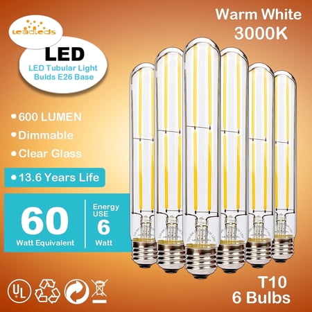 Leadleds 6 Pack Tubular LED Light Bulbs 60 Watt Equivalent, 6W 600LM 7.2" Long LED Bulbs 3000k Warm White, T10 LED Edison Bulbs Dimmable for Pendant Kitchen Bathroom,UL Listed