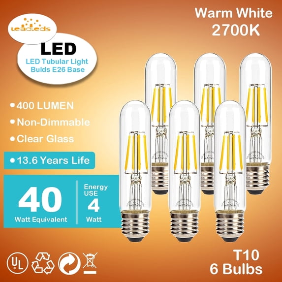 Leadleds 4W 40 Watt Equivalent Warm White Vintage Edison Tubular E26 LED Bulb, 6 Pack