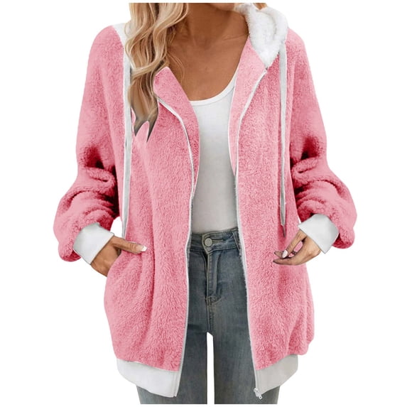 Leadmall Fleece Hoodie Jackets for Women 2023 Lightweight Zip Up Hoodies Jackets Ladies Casual Long Sleeve Full Zip Hooded Sweatshirts Drawstring Oversized Warm Winter Coat Outwear Y-5 Pink L
