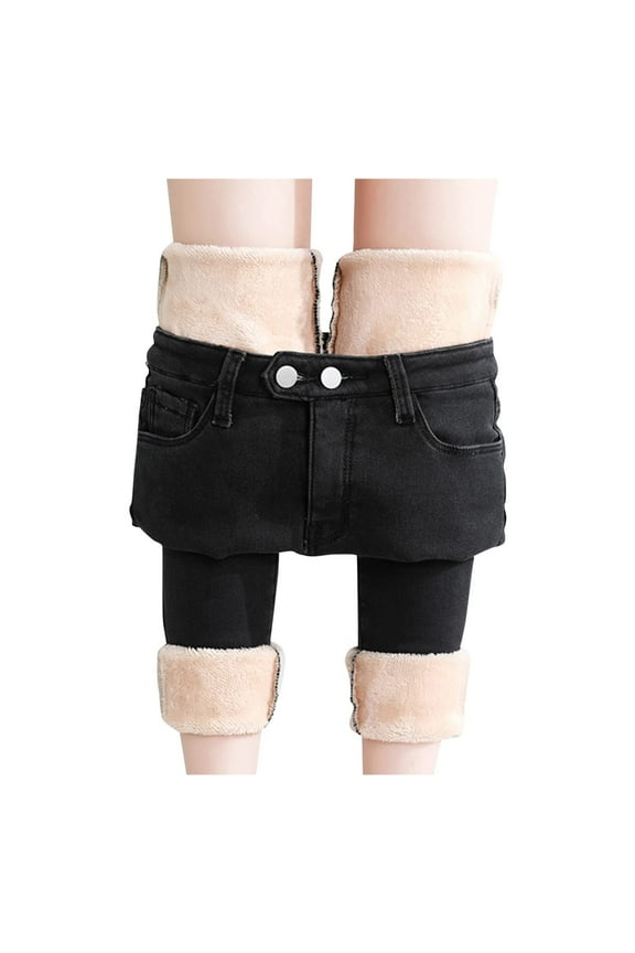 Fleece Pants Women Fleece Lined Jeans High Waisted Winter Thick Fleece Warm Stretch Fleece Lining Women Jeans Pants Skinny Denim Pants Trousers Thermal Leggings O-Black XXL