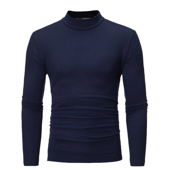 Leadmall Mock Turtle Neck Shirts for Men Solid Pattern High Collar Casual Long Sleeve Pullover T-shirt Undershirts Polyester Fitted Men High Neck Tshirt Long Sleeve Tee Shirts Y-4 Navy XL
