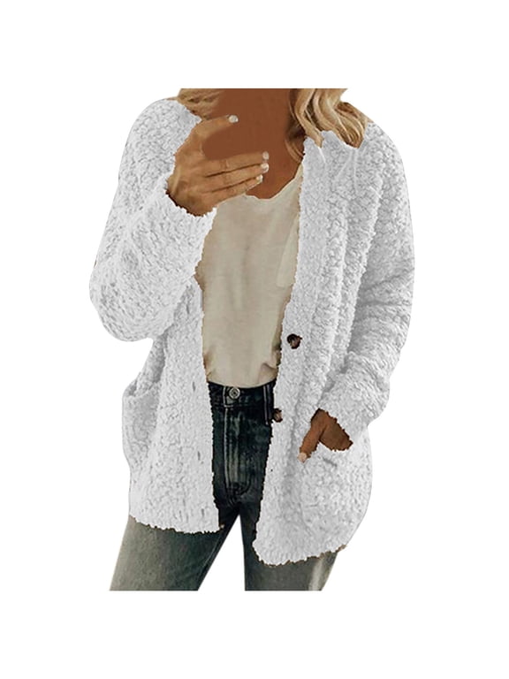 Open Cardigans for Women Casual Plush Sweater Open Front Button Down Cardigan Long Sleeve Fleece Jackets with Pockets Winter Warm Coats