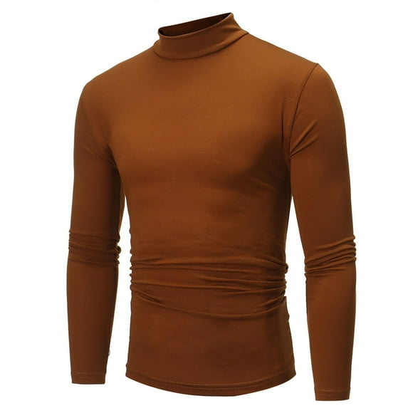 Leadmall Turtle Neck Shirt Men Solid Pattern Winter High-neck Solid Color Slim Long Sleeve Men's Undershirts Polyester Fitted Men High Neck Tshirt Men's Turtleneck Shirts Y-8 Coffee L