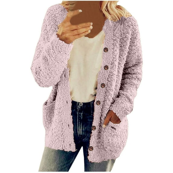 Leadmall Upgrade Women Fleece Lined Open Front Cardigan Buttons Warm Winter Long Sleeve Crew Neck Pockets Fall Jackets No Hood Warm Winter Outerwear Coat Sweaters W-Pink XXL