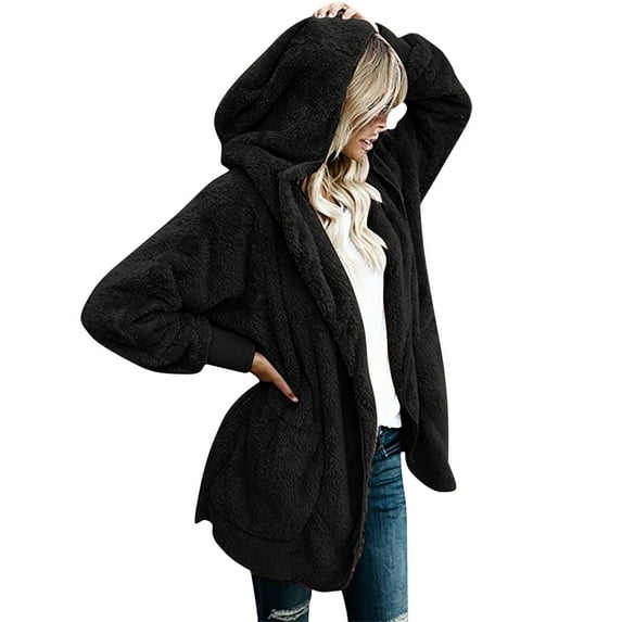 Leadmall Winter Long Sleeve Cardigan Sweaters Solid Fuzzy Fleece Open Front Hooded Cardigans Jacket Coats Outerwear with Pocket Cuff Sleeve Cardigan with Hood Black M