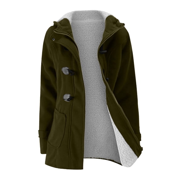 Leadmall Women Coats Fleece Jackets Coat Winter Warm Parkas Jackets Buttons Toggle Closure Long Sleeve Thicken Coat Hoodie Sweatshirts Pockets Wool Pea Coats Lined Sweater Overcoat Army Green-D M