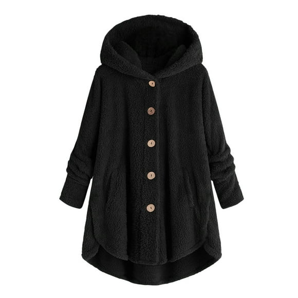 Leadmall Women Fleece Hoodies Jackets Casual Button Down Long Sleeve Cardigan Sweaters Pockets Solid Color Buttons Asymmetrical Hooded Sweatshirts Winter Warm Coat Outwear Black-O XL