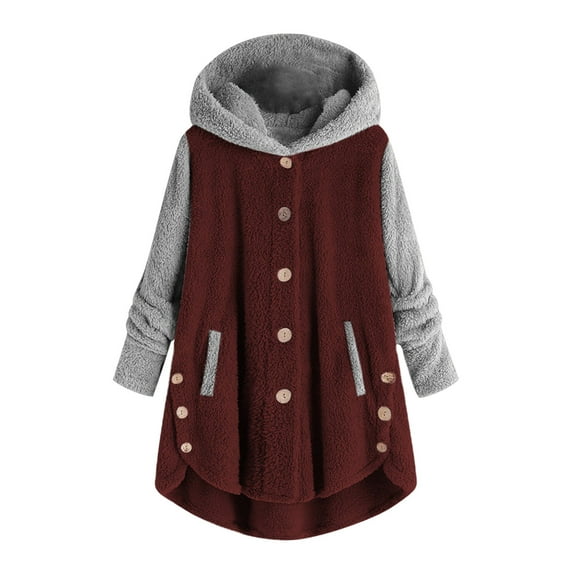Leadmall Women Fleece Jacket with Hood Button Down Long Sleeve Cardigan Sweaters Casual Winter Warm Coat Outwear Pockets Color Block Patchwork Plush Hoodies Tops Sweatshirts Wine-L XL