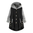 thumbnail image 1 of Leadmall Women Fleece Jacket with Hood Button Down Long Sleeve Cardigan Sweaters Casual Winter Warm Coat Outwear Pockets Color Block Patchwork Plush Hoodies Tops Sweatshirts Black-L XXL, 1 of 1