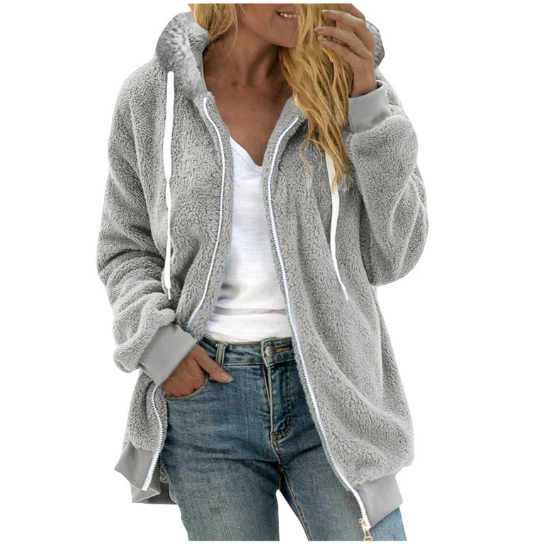 Leadmall Women Fleece Jacket with Hood Winter Coat Soft Lightweight Full  Zip up Hoodie Jackets Pocket Drawstring Long Sleeve Hooded Sweatshirts