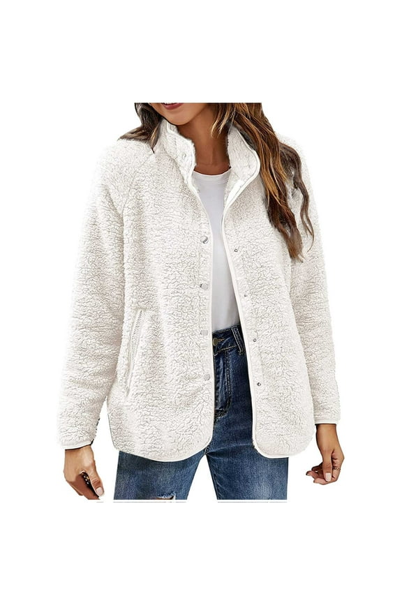 Women Fleece Jackets Snap Buttons Closure Lapel Long Sleeve Fleece Lined Open Front Cardigans Coat Thick Warm Winter Fuzzy Fleece Cardigan Sweater with Pockets Outerwear White XL