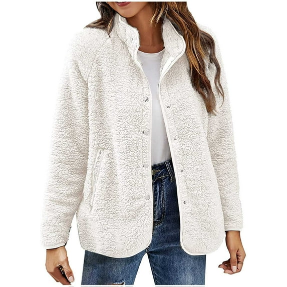 Leadmall Women Fleece Jackets Snap Buttons Closure Lapel Long Sleeve Fleece Lined Open Front Cardigans Coat Thick Warm Winter Fuzzy Fleece Cardigan Sweater with Pockets Outerwear White XL