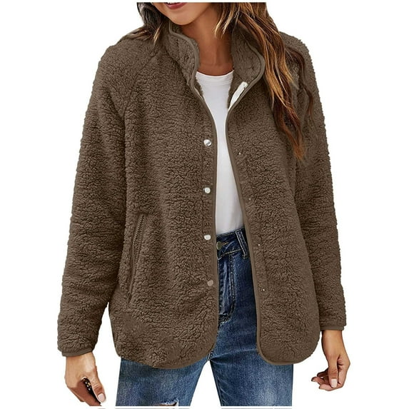 Leadmall Women Fleece Jackets Snap Buttons Closure Lapel Long Sleeve Fleece Lined Open Front Cardigans Coat Thick Warm Winter Fuzzy Fleece Cardigan Sweater with Pockets Outerwear Coffee L