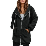Leadmall Women Fleece Long Hoodies, Fuzzy Fleece Full Zip up Fall Jackets Drawstring Long Sleeve Hooded Sweatshirt with Pockets Zipper Front Warm Winter Outerwear Coat Black XXXXXL