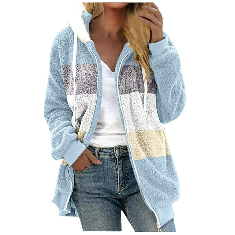 Leadmall Women Full Zip Fleece Jacket Winter Color Block Long Sleeve Drawstring Zip up Hoodies Jackets with Pockets Soft Lightweight Oversized