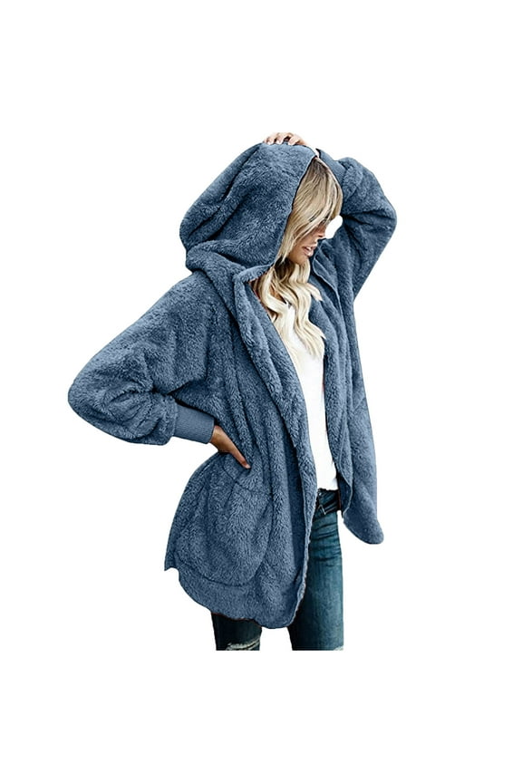 Women Hooded Cardigan Fuzzy Fleece Hoodies Jacket Pockets Winter Long Sleeve Open Front Cardigans Sweaters Coat Outerwear Blue M