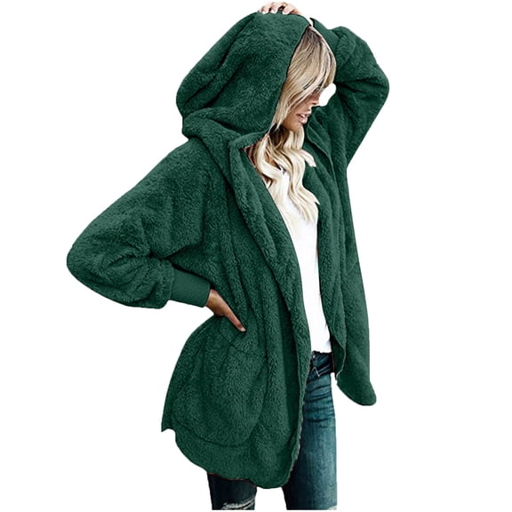 Leadmall Women Hooded Cardigan Fuzzy Fleece Hoodies Jacket Pockets Winter Long Sleeve Open Front Cardigans Sweaters Coat Outerwear Green XXL