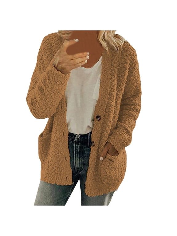 Women Light Weight Cardigan Open Front Women Casual Plush Sweater Open Front Button Down Cardigan Long Sleeve Fleece Jackets with Pockets Winter Warm Coats