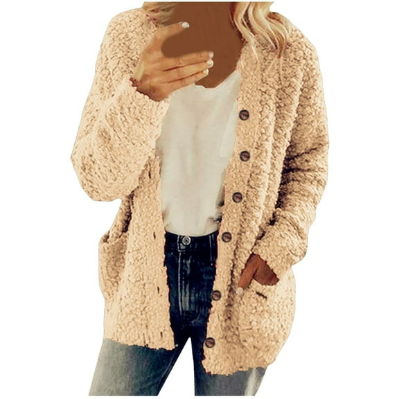 Leadmall Women Long Sleeve Cardigan Women Casual Plush Sweater Open Front Button Down Cardigan Long Sleeve Fleece Jackets with Pockets Winter Warm Coats