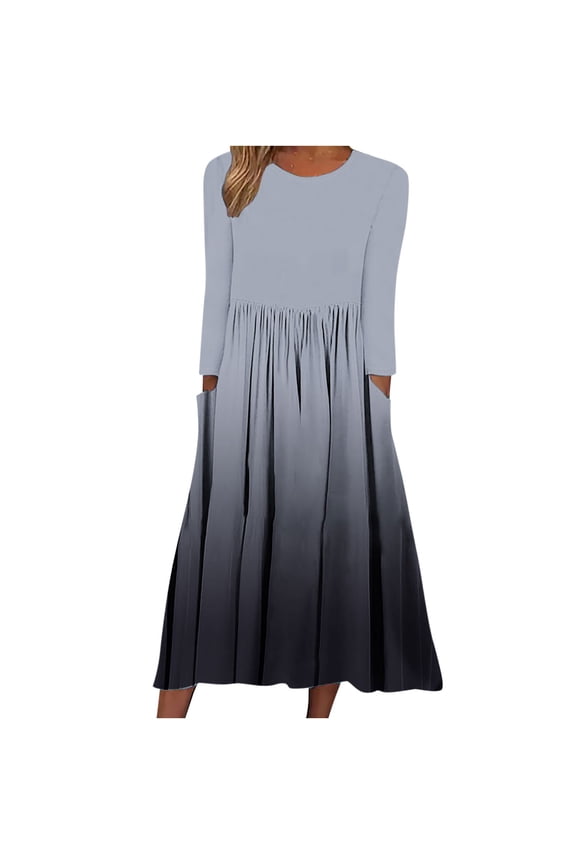 Women Long Sleeve Round-Neck Mid-Calf Dress Woman Dresses Womens Autumn and Winter Casual Round Neck Long Sleeve Folding Solid with Pocket Dresses Matching Dresses