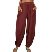 LEADMALL Women's Yoga Pants Full Length Pants Women Summer Casual Loose Cotton And Linen Pocket Solid Trousers Pants Women's Casual Pants & Capris