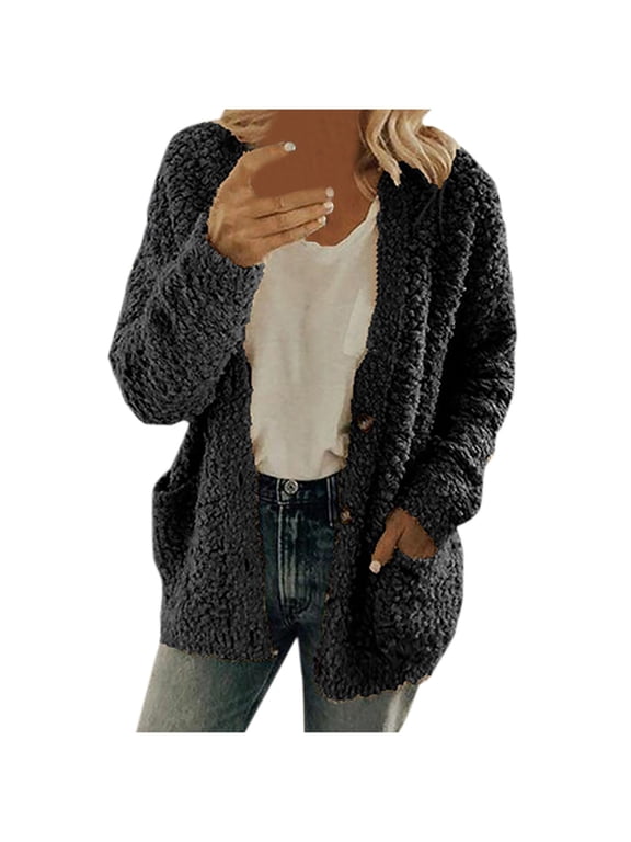 Womens Cardigan Sweaters Women Casual Plush Sweater Open Front Button Down Cardigan Long Sleeve Fleece Jackets with Pockets Winter Warm Coats