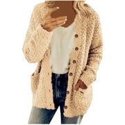 Leadmall Womens Fall Cardigan Sweaters Women Casual Plush Sweater Open Front Button Down Cardigan Long Sleeve Fleece Jackets with Pockets Winter Warm Coats