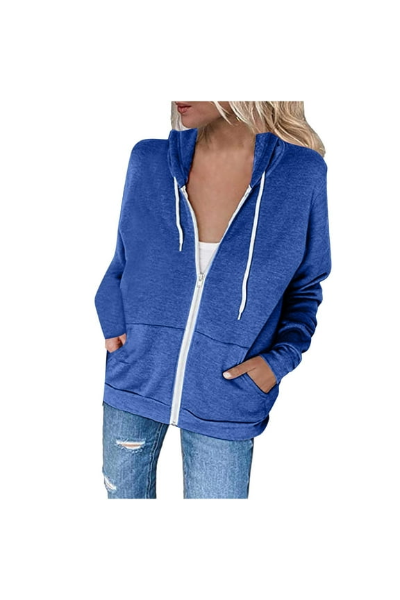 Womens Winter Hoodies Women Fleece Hooded Sweatshirts Soft Lightweight Sweatshirt Zip up Cotton Hoodie Jacket Sweater Tops Solid Color Long Sleeve Fall Sweatshirts E Blue XXL