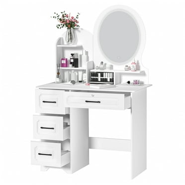Leadrop 31" Vanity Desk with Mirror and Lights 3 Color Light Options Makeup Vanity Desk with 4 Drawers, 3 Open Shelves Modern White Bedroom Dressing Table