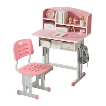 Leadrop Kids Study Desk and Chair Set Height Adjustable Children Study Desk with Storage Drawer Partition Design Student Writing Desk with Book Stand for Boys Girls, Pink