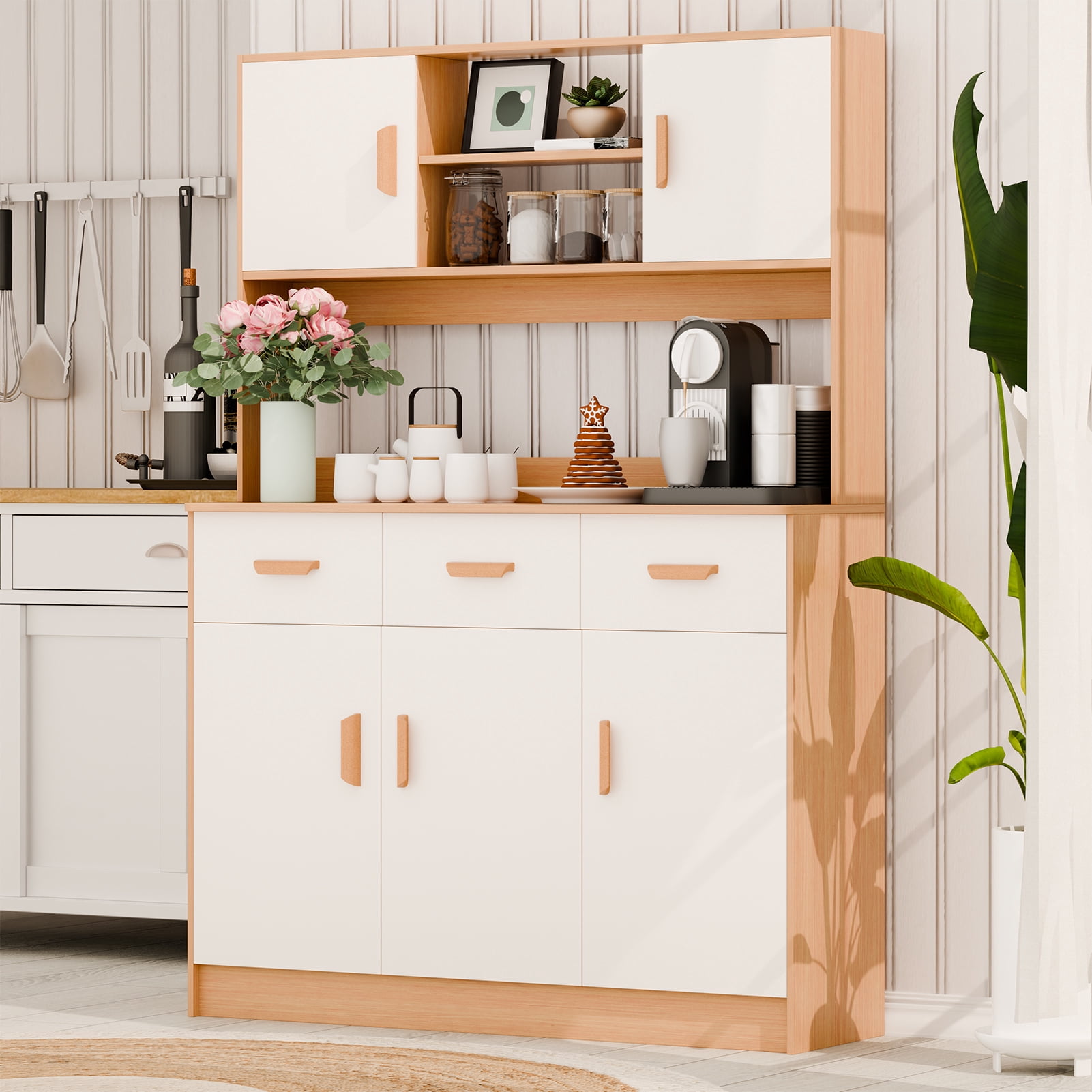 HOSTACK 71" Tall Kitchen Pantry Cabinet With Hutch & Drawers - White Freestanding Storage Sideboard
