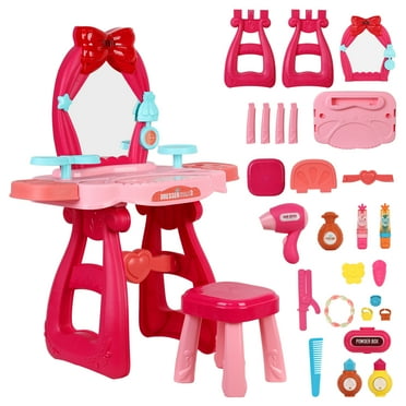 Leadrop Pretend Play Girls Makeup Table Set with Stool, Kids Vanity Set with Lights and Music Pretend Play Princess Toy Makeup Table for 2-5 Years Old Kids