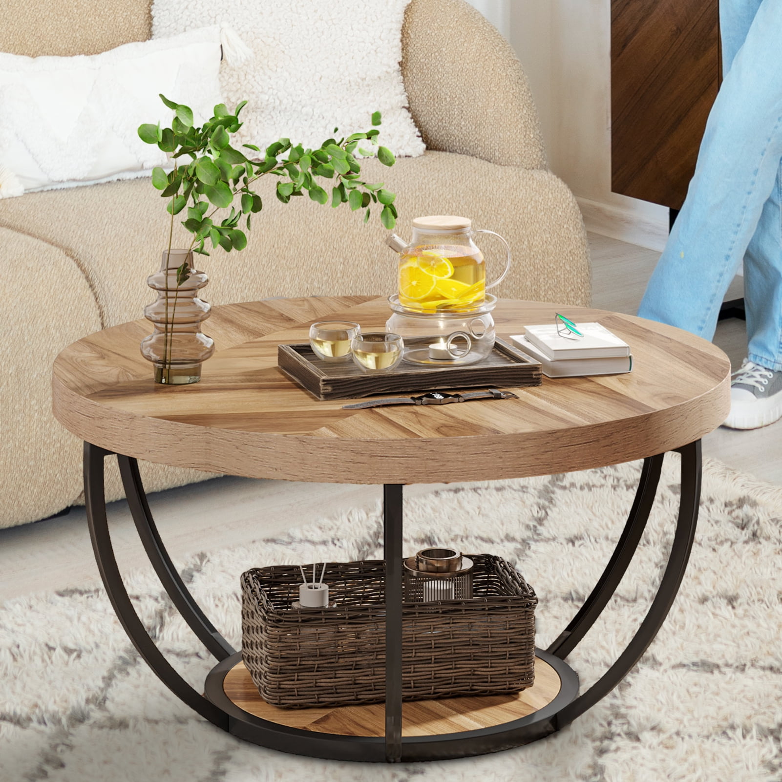 Leadrop Round Coffee Table, 2 Tier Round Coffee Table with Storage, 31 ...