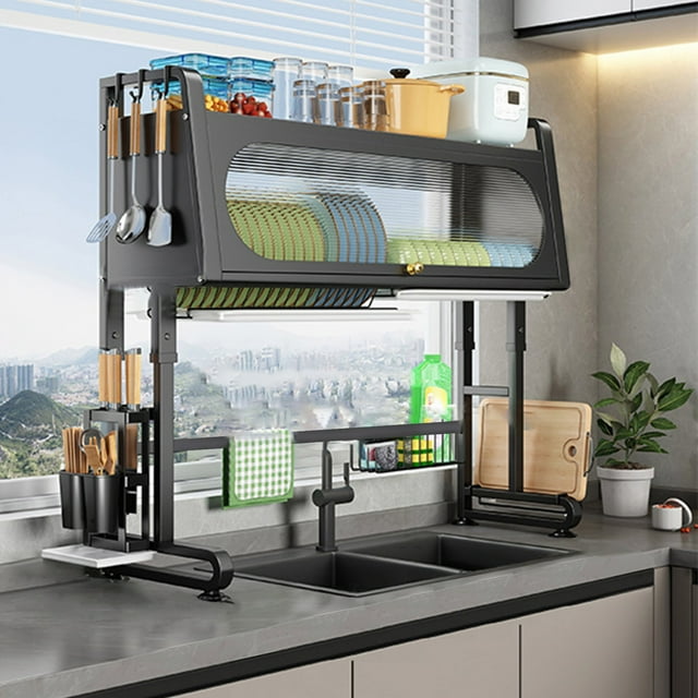 Leadrop Over the Sink Dish Drainer Drying Rack 3 Tier Over Sink Dish Rack with Cover Kitchen Sink Shelf Organized Height Adjustable Dish Rack for Dishes, Glasses, Bowls, and Cutlery