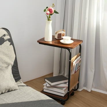 Leadrop Small Coffee Table Rectangle End Table with 2-Tier Storage Shelf and Fabric Storage Bag Wood Finish Side Table with 360° Casters for Living Room, Apartment, Bedroom, 15.75" x 9.84" x 23.62"