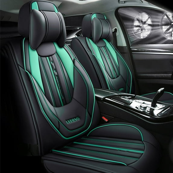 Leadwolf 2PCS Front Car Seat Covers Leather for Citroen for C3 Picasso 2009-2017 2 Seats Airbag Compatible Leather Waterproof Front Set Cushion Protector with Pillow Black and Green