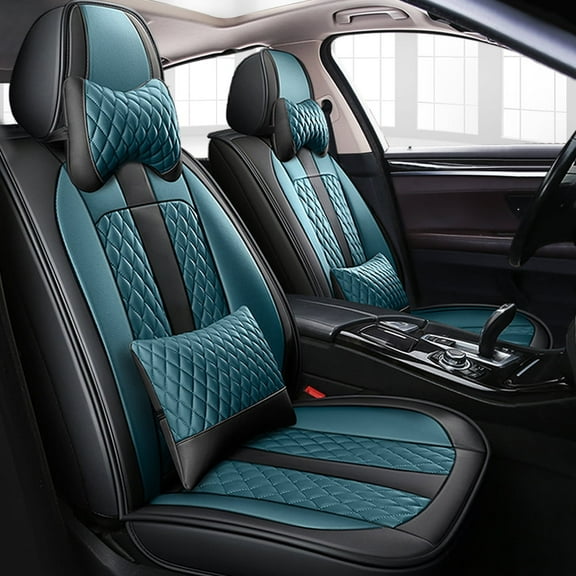 Leadwolf 2PCS Front Car Seat Covers Leather for Mercury for Mariner 2004-2010 2 Seats Airbag Compatible Leather Waterproof Front Set Cushion Protector with Pillow Black and Blue