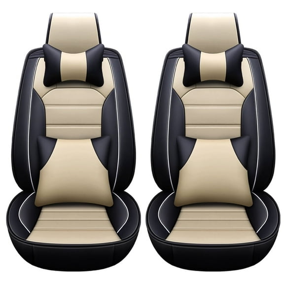 Leadwolf 2PCS Front Seat Cover for toyota for Highlander 2001-2013 2 Seats Wear-Resistant Leather Anti Slip Cushion Front Set Black and Beige
