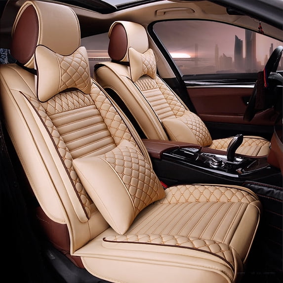 Leadwolf 2PCs Front Car Seat Covers Leather for BMW for 1series 2004-Present 2 Seats Airbag Compatible Waterproof Soft Front Set Cushion Protector with Headrest Beige