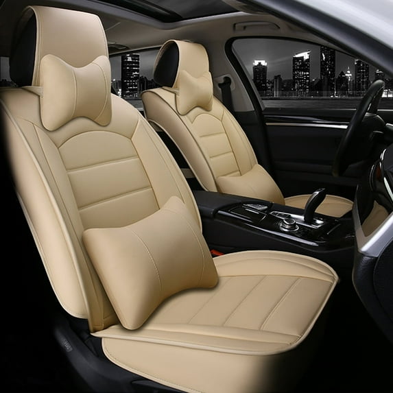 Leadwolf 2PCs Front Car Seat Covers Leather for BMW for X4 2014-Present 2 Seats Airbag Compatible Leather Waterproof Front Set Cushion Protector Beige