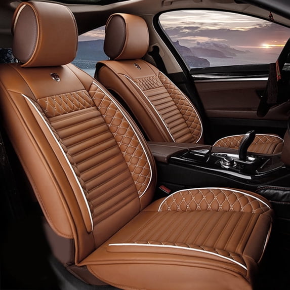 Leadwolf 2PCs Front Car Seat Covers Leather for Dodge for RAM 2019-Present 2 Seats Airbag Compatible Leather Waterproof Front Set Cushion Protector Brown