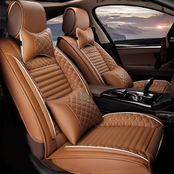 Leadwolf 2PCs Front Car Seat Covers Leather for BMW for iX1 2015-Present 2 Seats Airbag Compatible Waterproof Soft Front Set Cushion Protector Brown